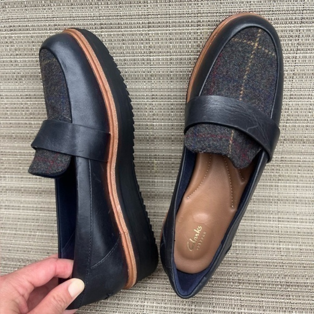 Clarks Black Leather and Tweed Loafers